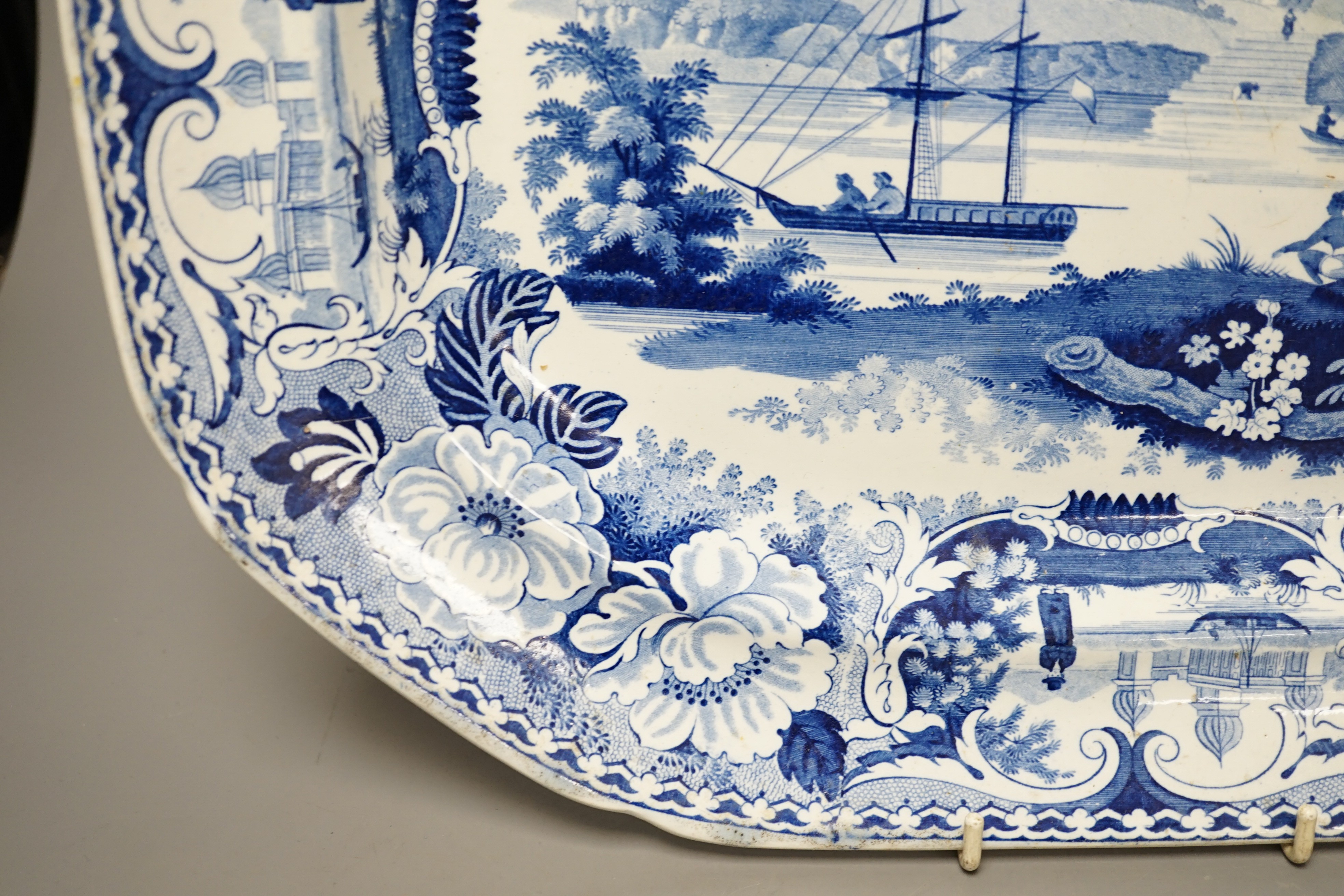 A Ridgway Oriental scenery blue and white platter, pagoda below Patna Azimabad 42cm
